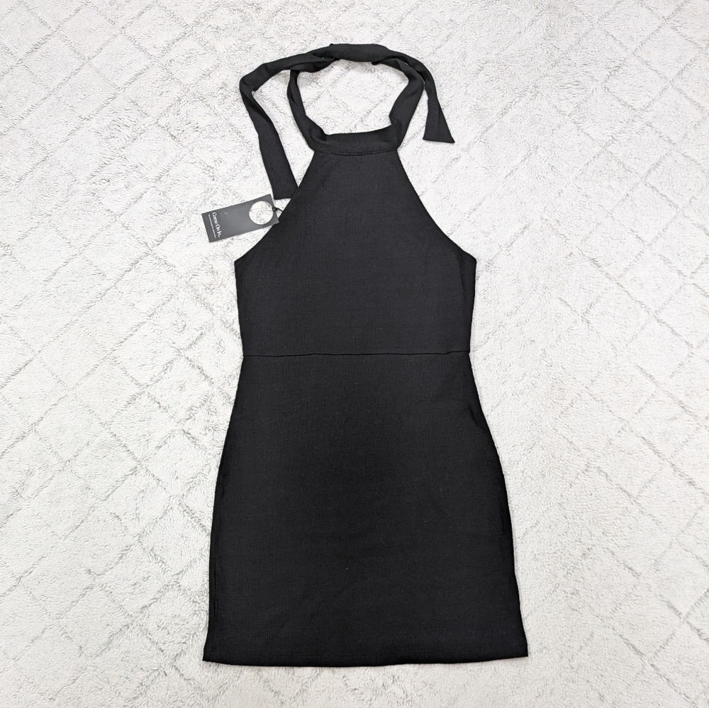 Privacy Please Dress Women's L Black Halter Ribbed Bodycon Mini Sleeveless